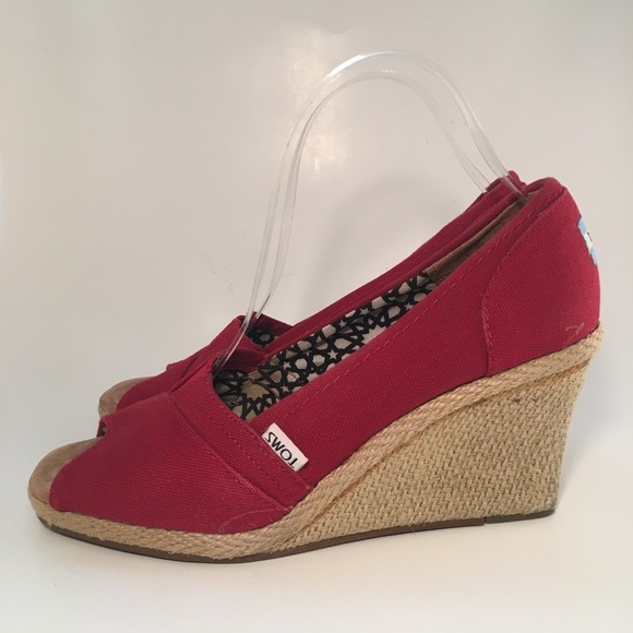 Toms Red Canvas Open Toe Espadrilles Slip On Wedge - Picture 1 of 8
